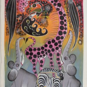 Two Elephants, Giraffe, Two Zebras and many Birds